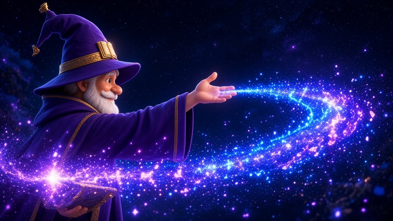 BrainEyeQ Wizard directing a stream of blue-violet particles from an open book